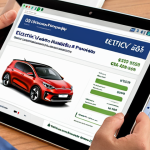 **Image prompt:** A person reviewing documents related to electric vehicle subsidies, with a laptop displaying a government services portal. Focus on paperwork, a calculator, and possibly a Kia EV6 brochure in the background.