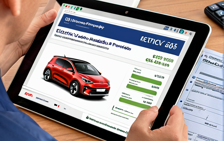 **Image prompt:** A person reviewing documents related to electric vehicle subsidies, with a laptop displaying a government services portal. Focus on paperwork, a calculator, and possibly a Kia EV6 brochure in the background.